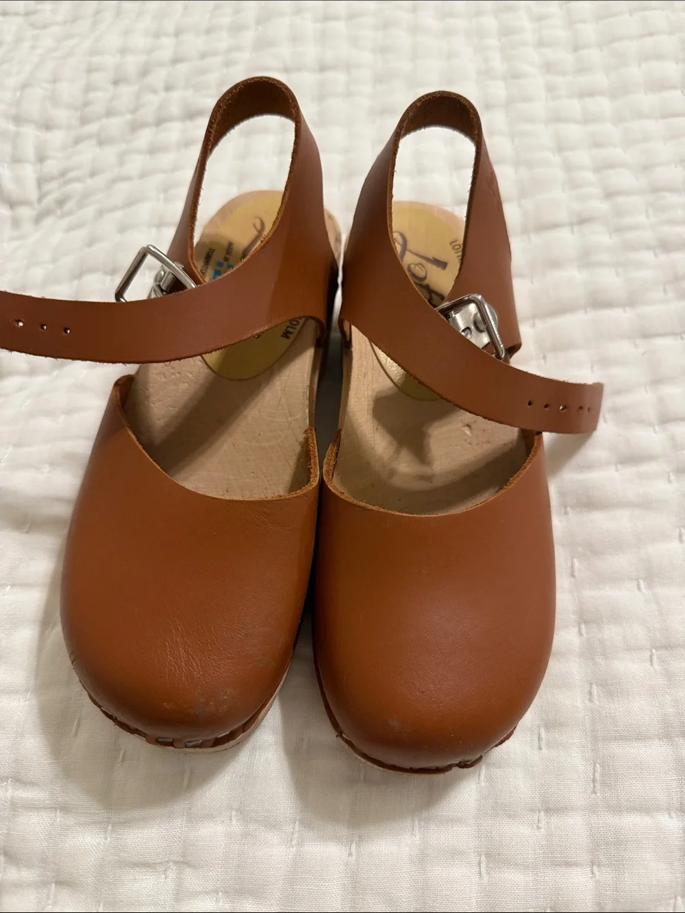Swedish Hasbeens Chestnut Brown Leather Ankle-Strap Clogs